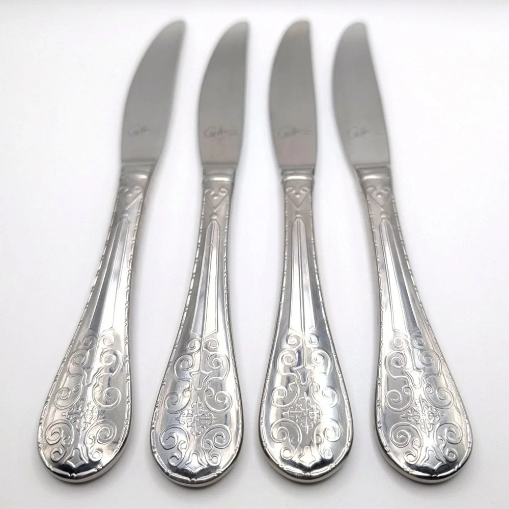 Calen Ornate Baroque Dinner Knives (4) Heavy Stainless Scroll Fleur de Lis 9